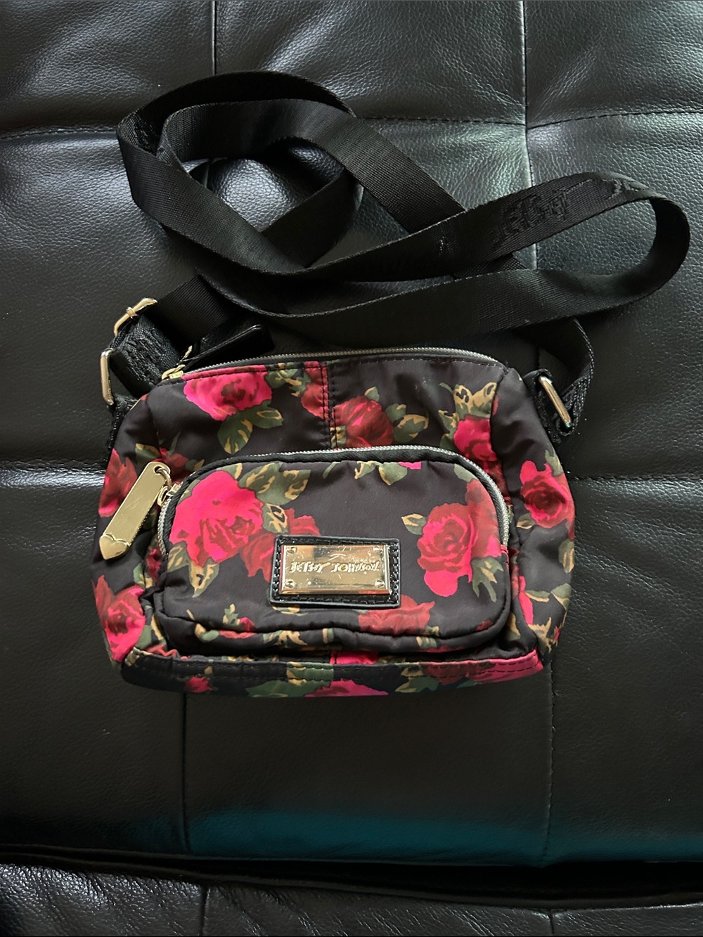 Betsey Johnson Black Crossbody Bag with Pink Floral Print